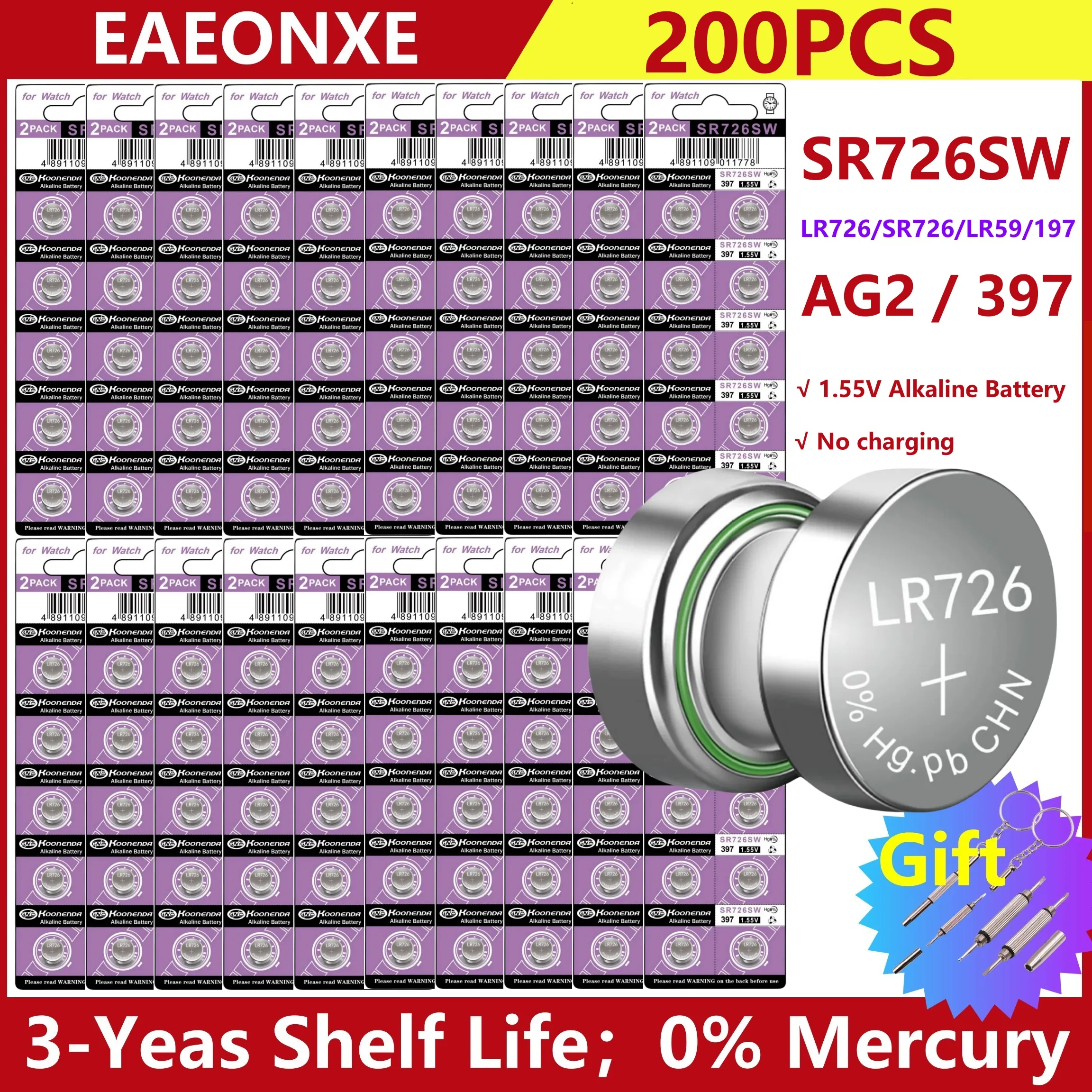 200pcs AG2 397 Alkaline Battery 396A LR726 SR726SW LR59 1.55V Button Cell Batteries