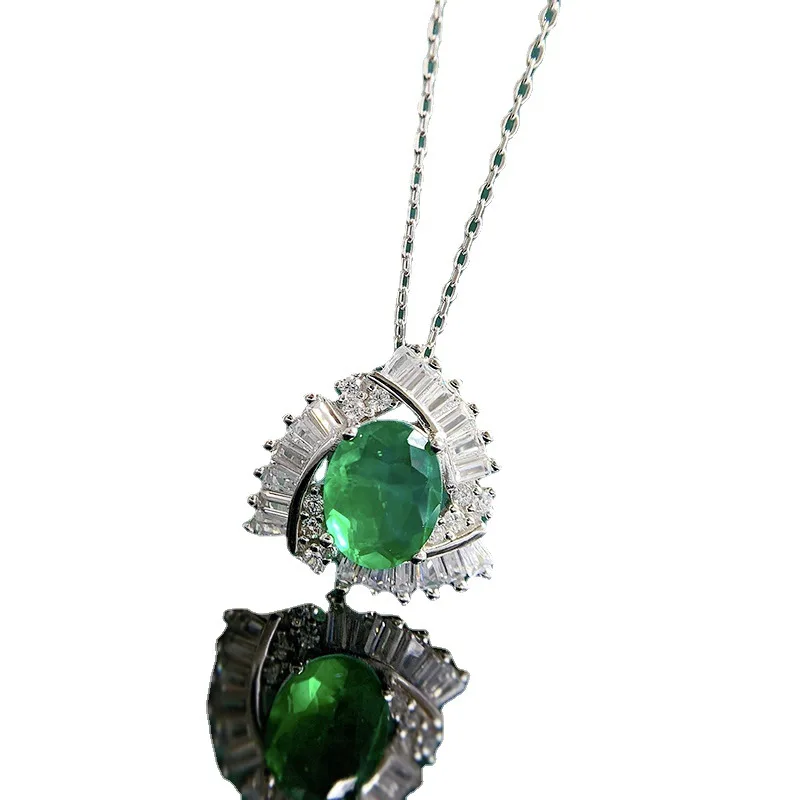 2023 New S925 Silver Fashion High Grade Emerald 8 * 10 Necklace European and American Pendant Female 40+5cm