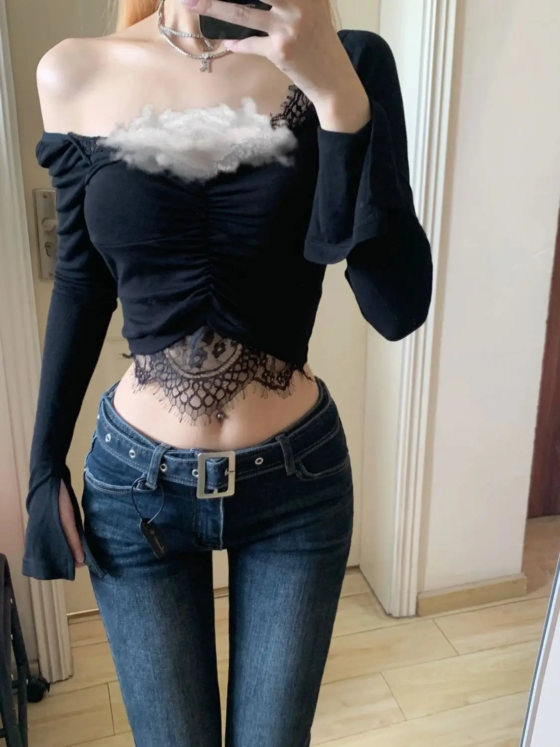 กางเกงยีนส์ทรงบานขากระดิ่งเอวต่ำสไตล์วินเทจสีน้ำเงินสำหรับผู้หญิง สปริง/ออทั่ม สไตล์เรโทร ทรงเข้ารูป สตรีทแวร์