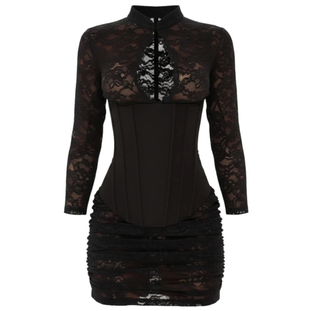 Damen-Minikleid mit Stehkragen und Schlüssellochausschnitt, Spitze, lange Ärmel, formgebendes Korsett, tailliert, figurbetont, sexy Nachtclub-Party-Outfit – Detail 5