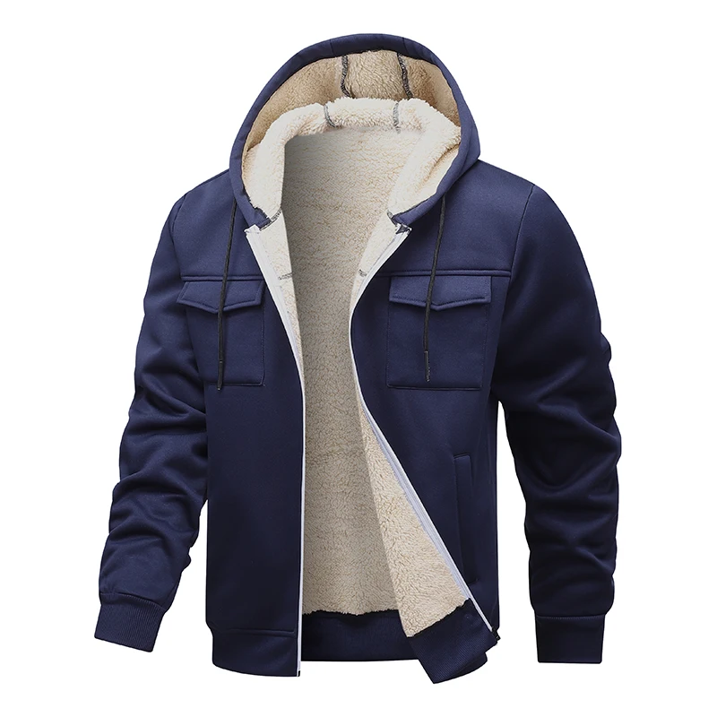 Mens Solid Color Lapel Fleece Cargo Jacket Autumn Winter New Fashion Thick Thermal Lambswool Zip Up Hoodie Jackets Men Coats
