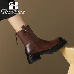 RIZABINA Size 34-42 Women Ankle Boots Real Leather Zipper Chunky Heel Platform Boots Crystal Letter Decorate Non-slip Booties