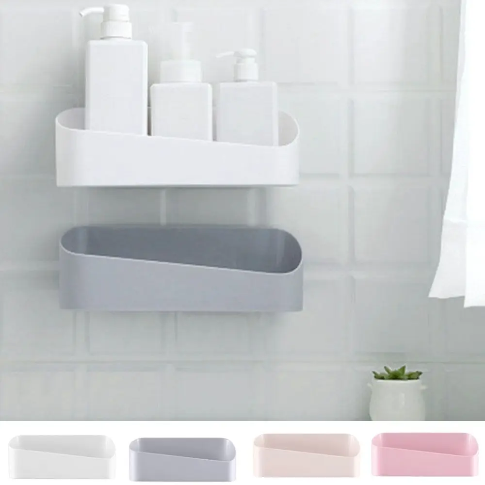 Plastic Bathroom Shelf Simple White Punch-free Cosmetic Storage Box Self Adhesive Wall-Mounted Toilet Shelf for Home