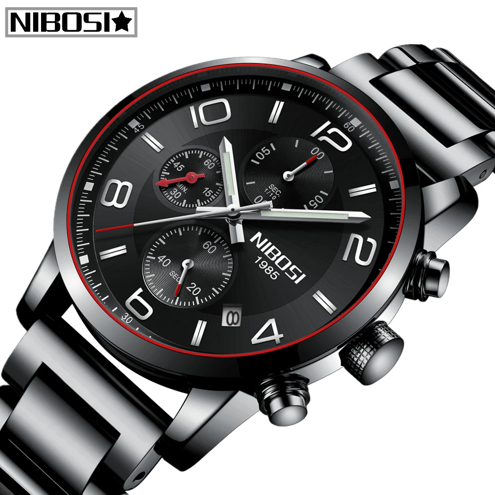 

NIBOSI Luxury Men Quartz Watch Waterproof Date Week Luminous Wristwatch Stainless Steel Men's Watches Male Clock Sports +BOX