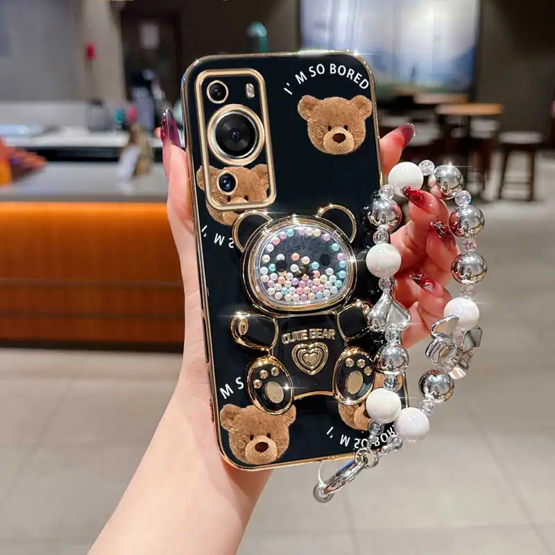 

Pearl Strap Lanyard Cute Brown Bear Phone Holder Case On For Huawei P40 P50 P60 P30 Lite Pro P40 Pro Anti-knock Stand Back Cover