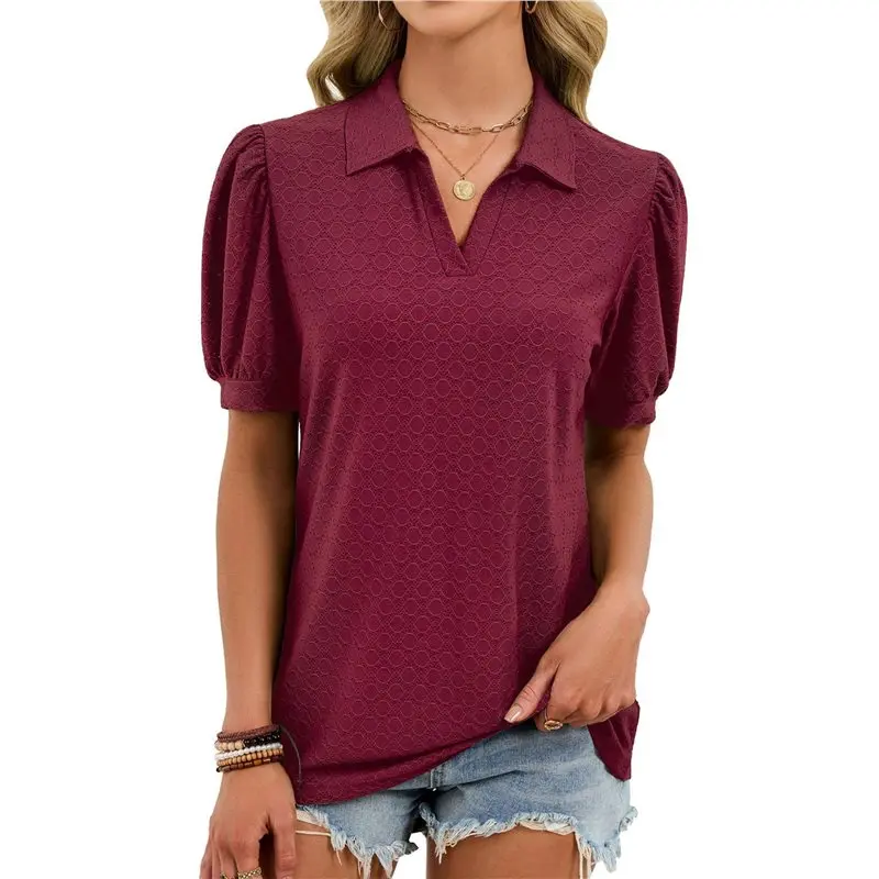 

Женские летние топы CYL: футболки с V-образным вырезом, блузки с короткими рукавами-фонариками и отложным воротником, рабочие блузы, туники с перфорацией