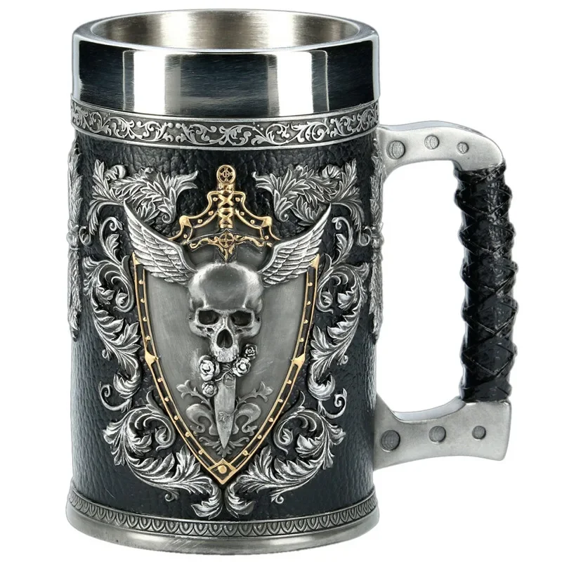 

3D Пивные кружки Stein Tankard Двуглавый Eagle Winged Sword And Shield Skull Crest Кружка для кофе из нержавеющей стали и смолы 600 мл