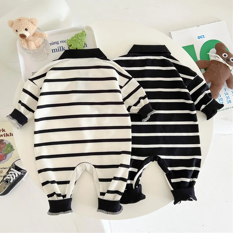 Autumn Baby Clothes Korean Stripe Jumpsuits for Girl Boys Cute Bear Newborn Romper Infant Bodysuits Loose Toddler Clothing