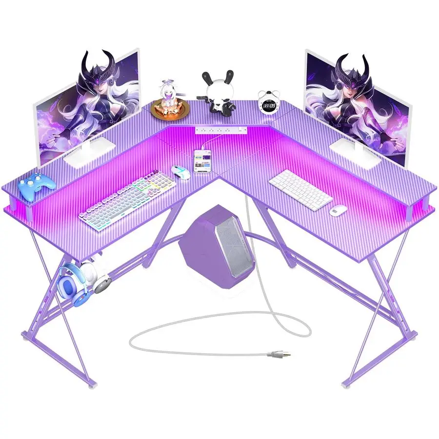 

Gaming Desk 50.4 with LED Light amp Power Outlets, LShaped Gaming Desk Carbon Fiber Surface with Monitor Stand, Ergonomic Gamer