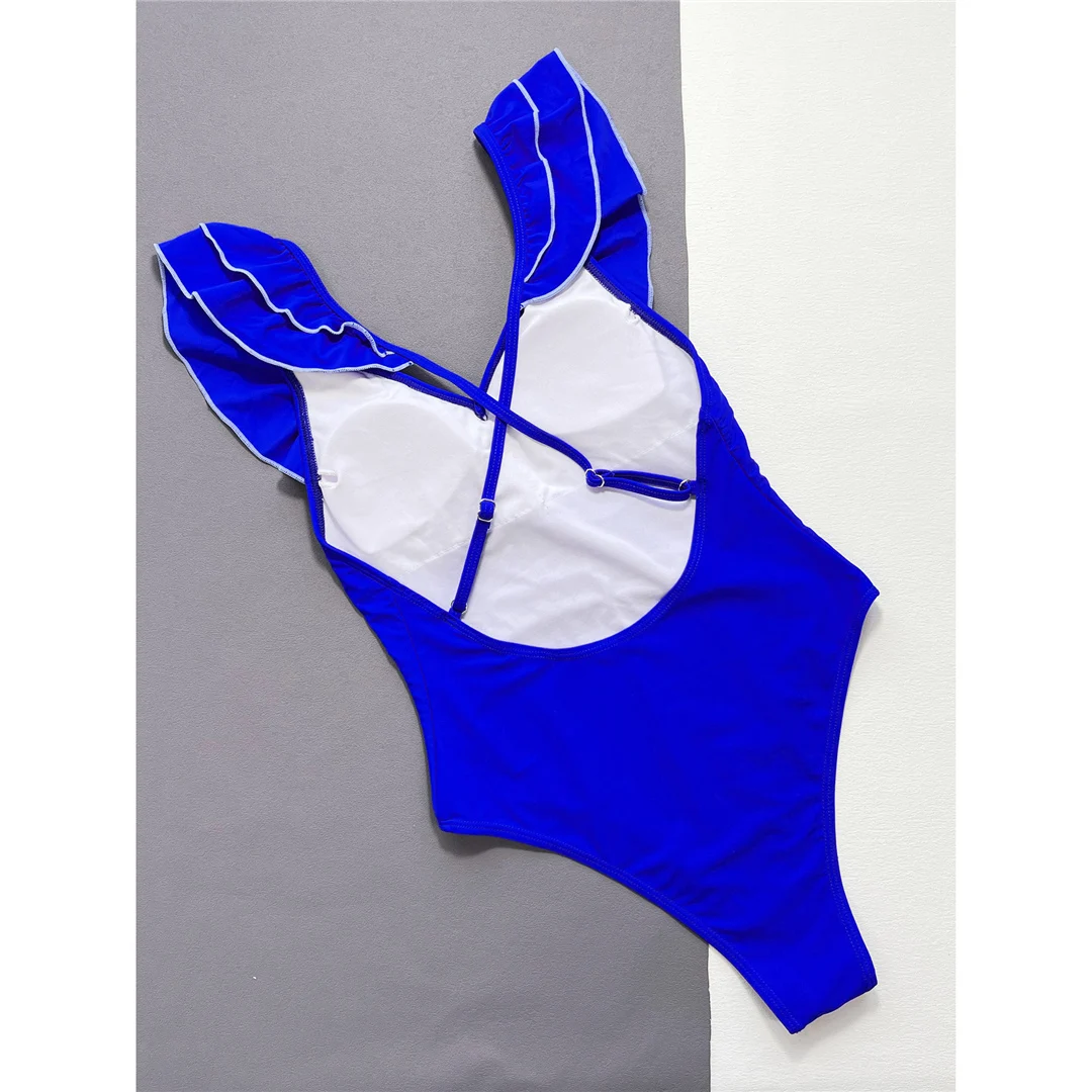 Einteiliger Badeanzug mit Rüschen, V-Ausschnitt und Kreuzrücken für Damen, Monokini mit hohem Beinausschnitt, Badebekleidung, Badeanzug, Modell V4675 – Detail 10