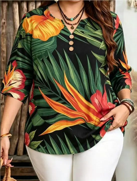 Tropical Leaf Floral Print Plus Size Blouses Notch Split V Neck 3 Wooden Buttons Three Quarter Sleeve Loose Tops For Curvy Women