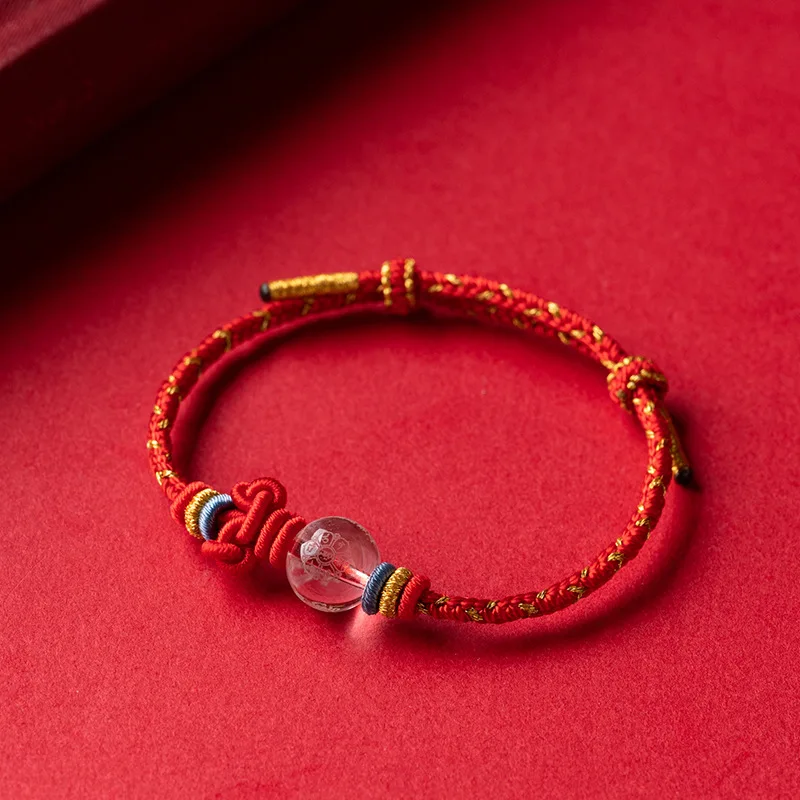 Chinese Style Lucky Manjushri Wisdom Mantra Clear Quartz Bracelet Hand Woven Red String Bracelet For Women Men Blessing Protecti