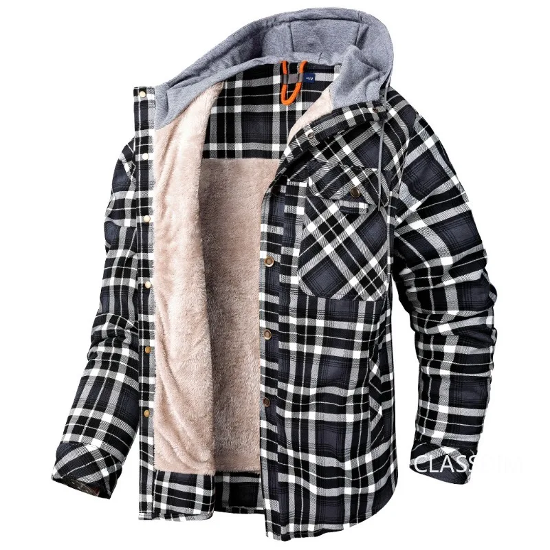 Men Winter Plaid Shirts Coats Hooded Fleece Jackets Harajuku Lg Sleeonve LoosCae sual Shirts Jackets Style US/European size