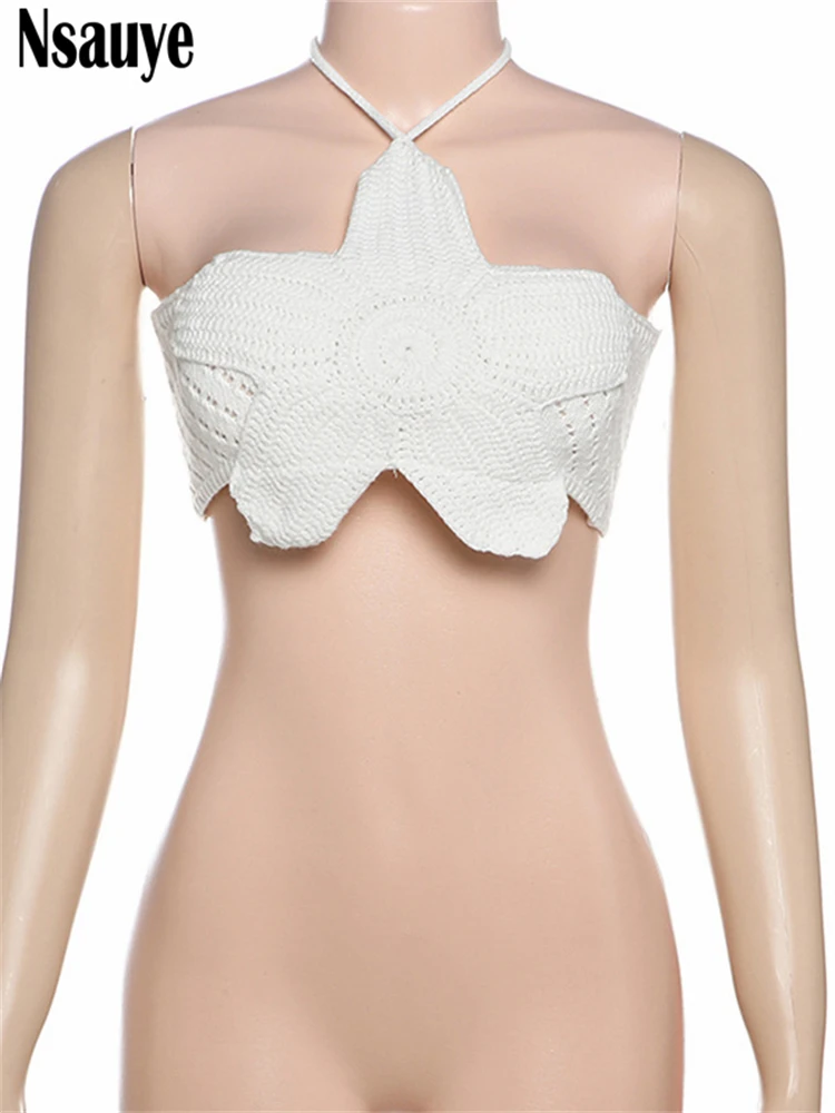 Nsauye Flower Knitted Halter Chic Off Shoulder Crop Top Sexy Club Fashion Women Summer Sleeveless Hollow Out Beach Tank Tops