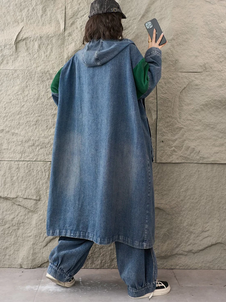 Amax LuluE Brand Fall Ladies Casual Oversized Hooded Vintage Denim Trench Women Classic Loose Long Clothes Fashion Windbreakers