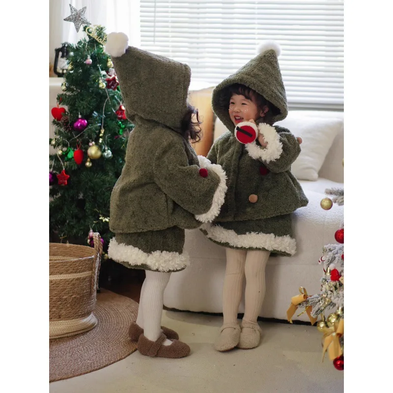 Korean Children's Clothing 2024 Autumn And Winter New Christmas Green Suit Atmosphere Christmas Tree Warm Quilted Jacket Skirt