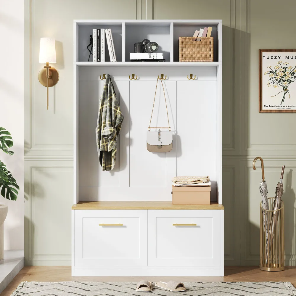 PINGGO Naturweißes Kompaktes Kleiderschrank-Set mit Sitzbank 2 Türen Offene Aufbewahrung 4 Haken 105x40x180cm – Detail 3
