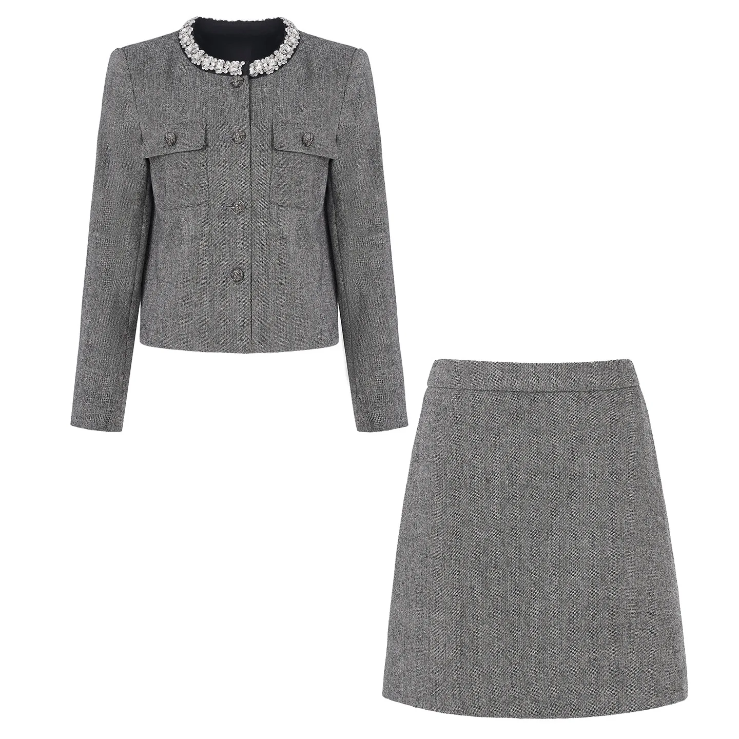 النمط الفرنسي الأنيق الاجتماعي الترتر الماس الجولة الرقبة واحدة الصدر سترات قصيرة ضئيلة ألف خط تنورة قطعتين مجموعة للنساء #5