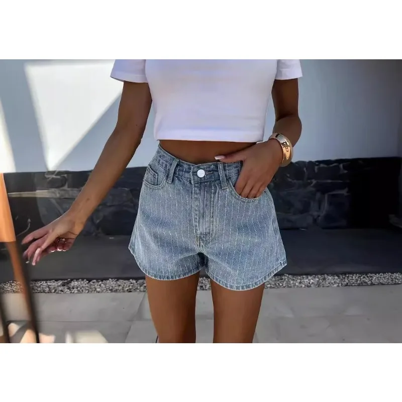Pantalones cortos vaqueros con cuentas de diamantes para mujer, Vaqueros cortos sexys ajustados de cintura alta para calle, parte inferior Harajuku coreana Y2K
