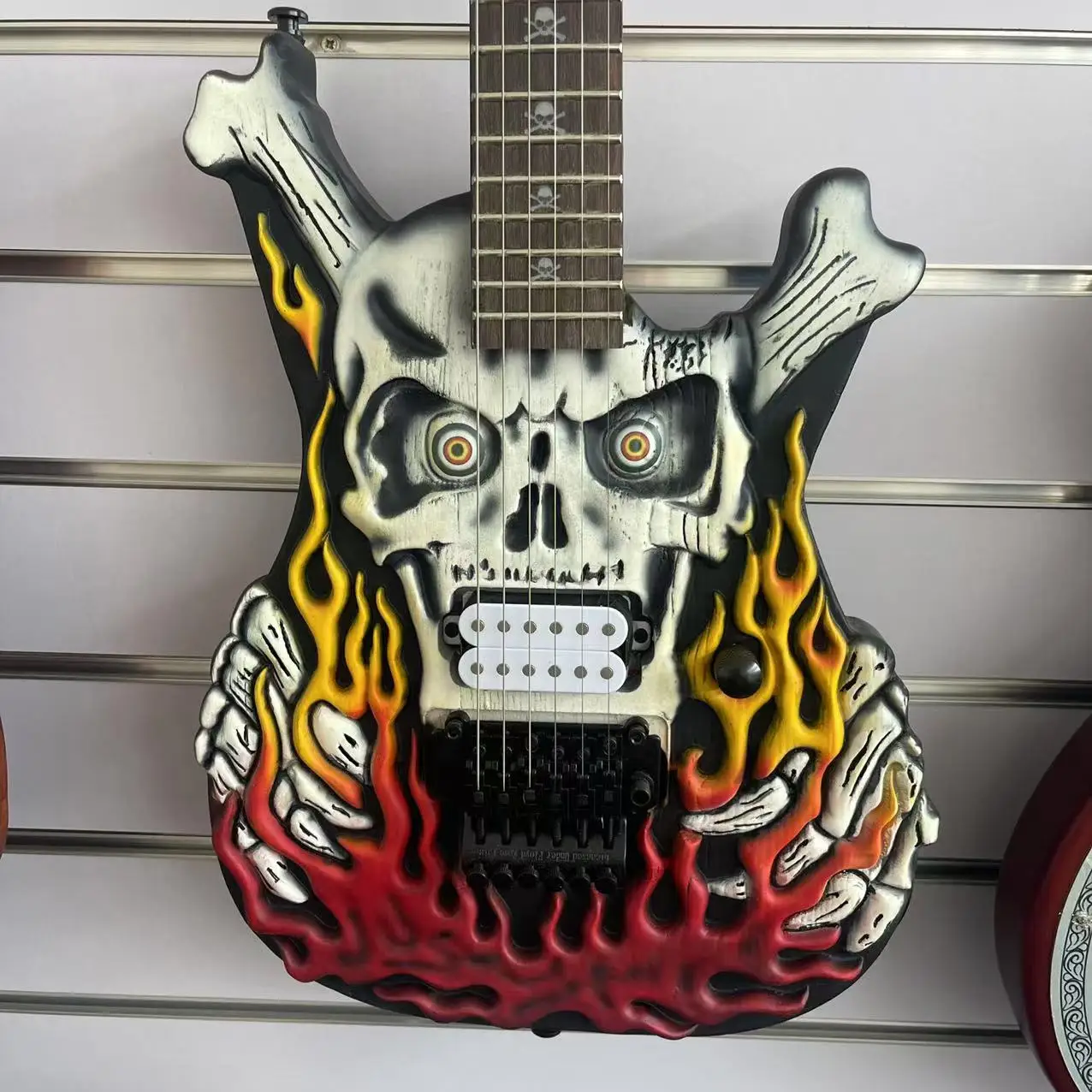 Flame Skull Carving 6-Chord Electric Guitar Hand drawn Color Body, Factory Realistic Picture, In Stock