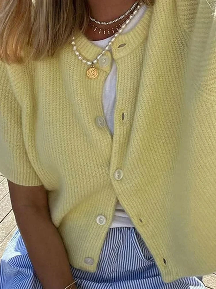 

Элегантный вязаный короткий кардиган, женский однотонный однобортный свободный свитер с короткими рукавами и круглым вырезом, модный осенний универсальный топ