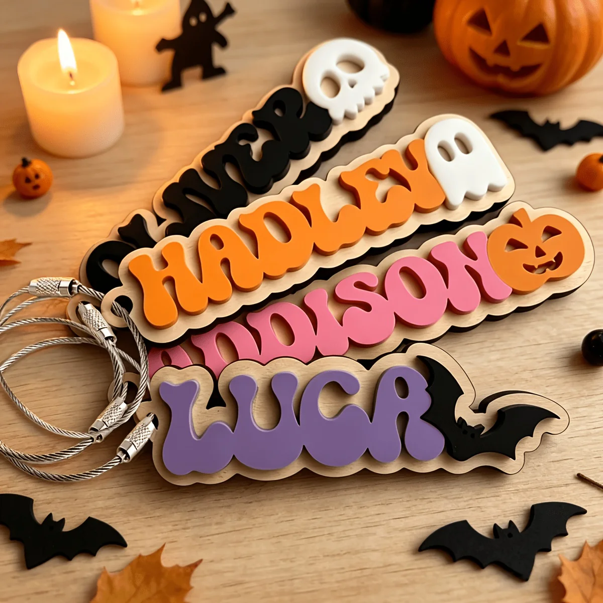 Personalized Halloween Keychain, Double Layer Pendant, Pumpkin Ghost Bat Skull, Trick or Treat Party Ornament Gift