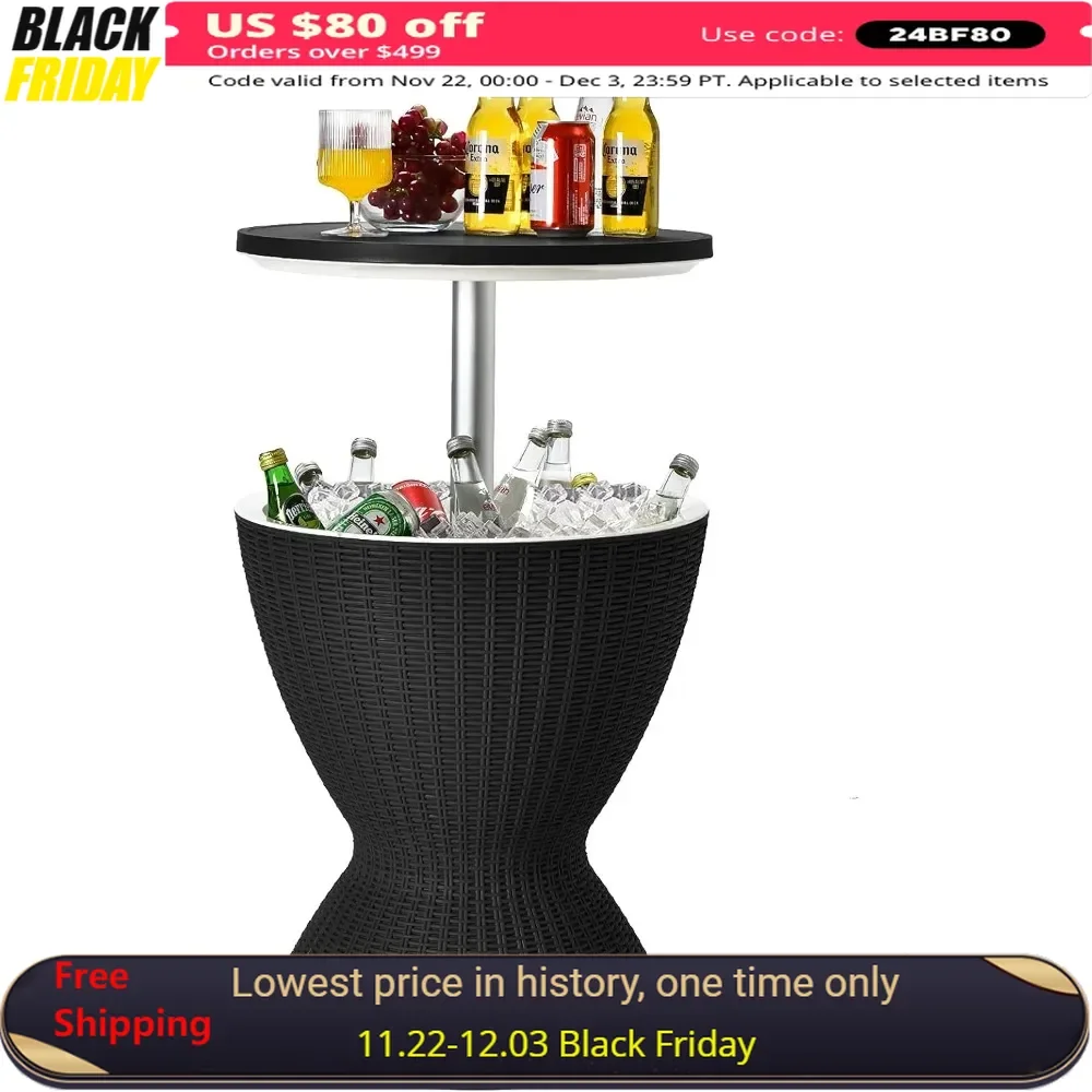 \8 Gallon Party Ice Cooler Table with Height Adjustable Top, Drainage Plug, 3-in-1 Rattan Style Patio Ice Cooler Table