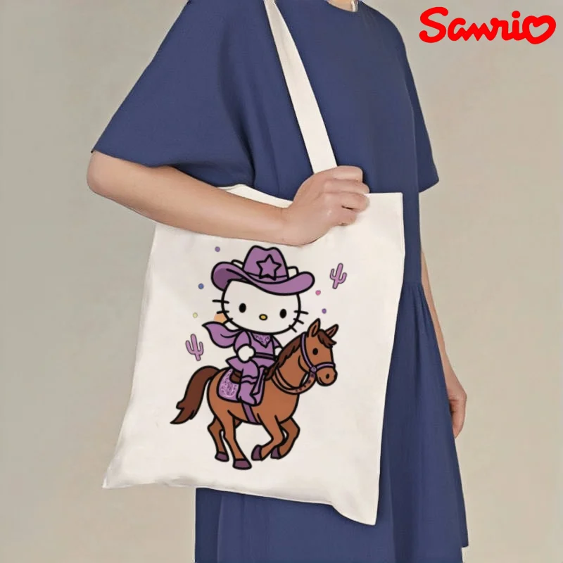 

1pc Cute Hello Kitty Western Cowboy Print Canvas Tote Bag, Large Capacity Eco-friendly Handbag