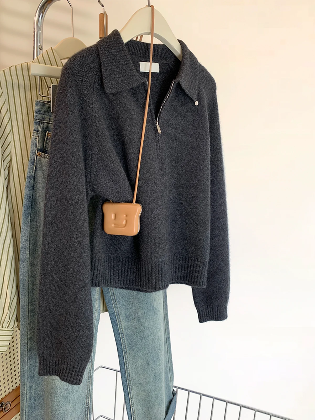 

Autumn Winter Thi Warm Long Top Deep ey Zippered Collar Knitted Sweater Women's Faionable Turn-down Collar