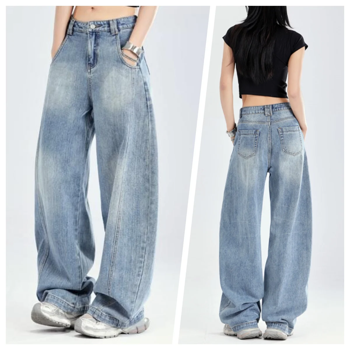 

American Retro Women's Straight Jeans Loose and Versatile Wide-Leg Pants Basic Fashionable Casual Trousers