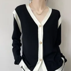 Spring and Autumn PerFemale Knit Cardigan Wool V-neck Jumper Top Single Breasted Simple Slim Women White Black Patchwork Sweater