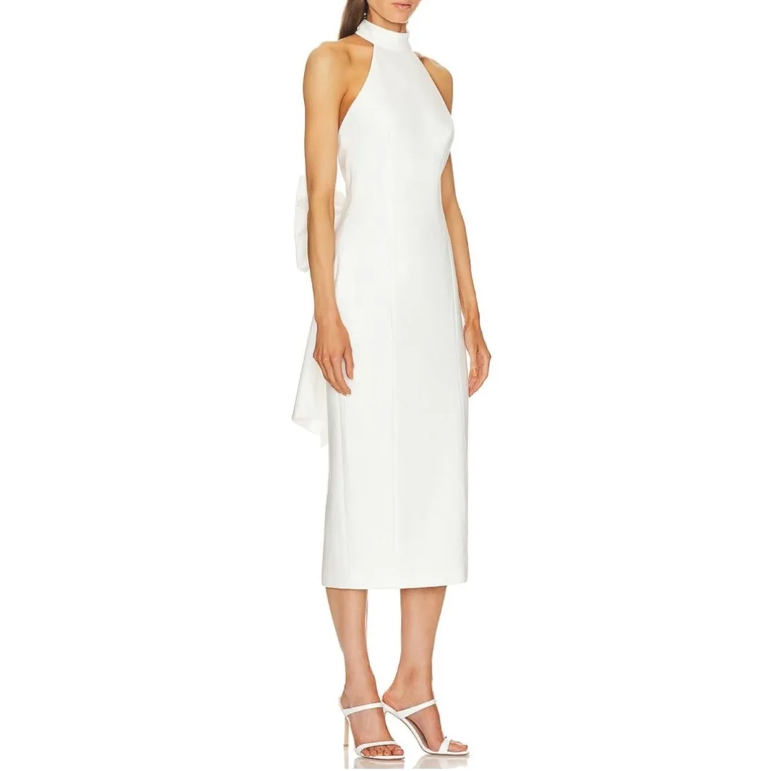 

Chic Short Ivory Crepe Evening Dresses with Slit/Bow Sheath Halter Tea Length Vestidos de noche Prom Dress for Women