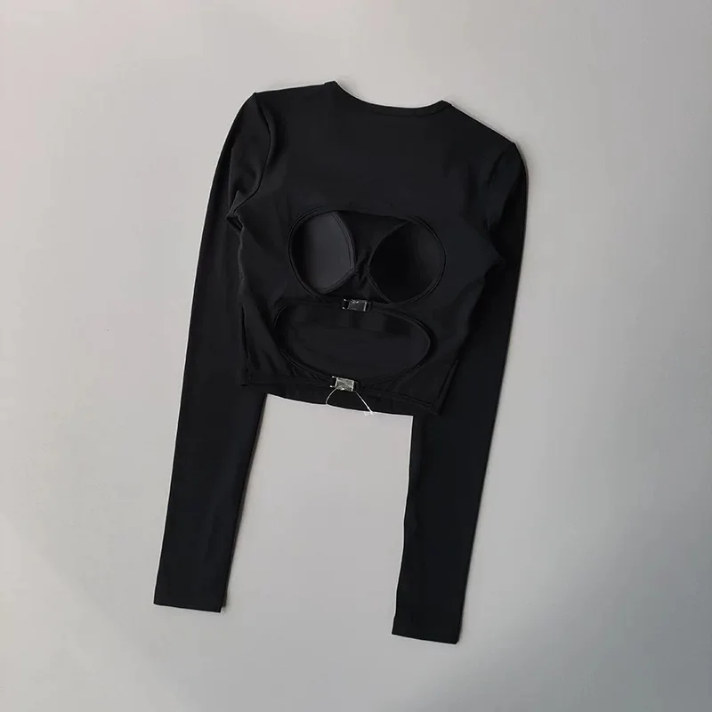 Rückenfreies, ausgeschnittenes, sexy Yoga-Sport-Langarmshirt mit Brustpolstern, Damen-Trainingsoberteil, schlankmachende Fitnesskleidung – Detail 19