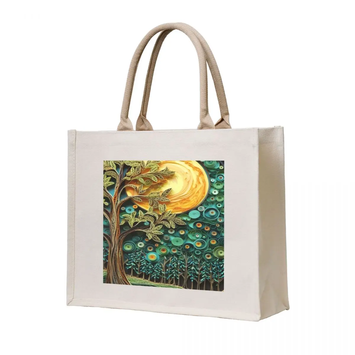 

Quilled Paper Style Folk Art Whimsical Magical Beautiful Sunny Forest Scene Tote Bag reusable shopping bag