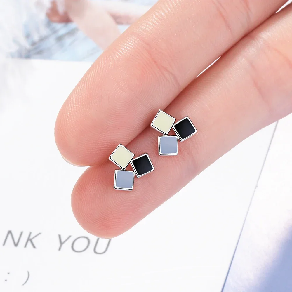 OL Style Real 925 Sterling Silver Mixed Color Square Earrings For Women Young Girls Cute Stud Earring Boucle D'oreille Oorbellen