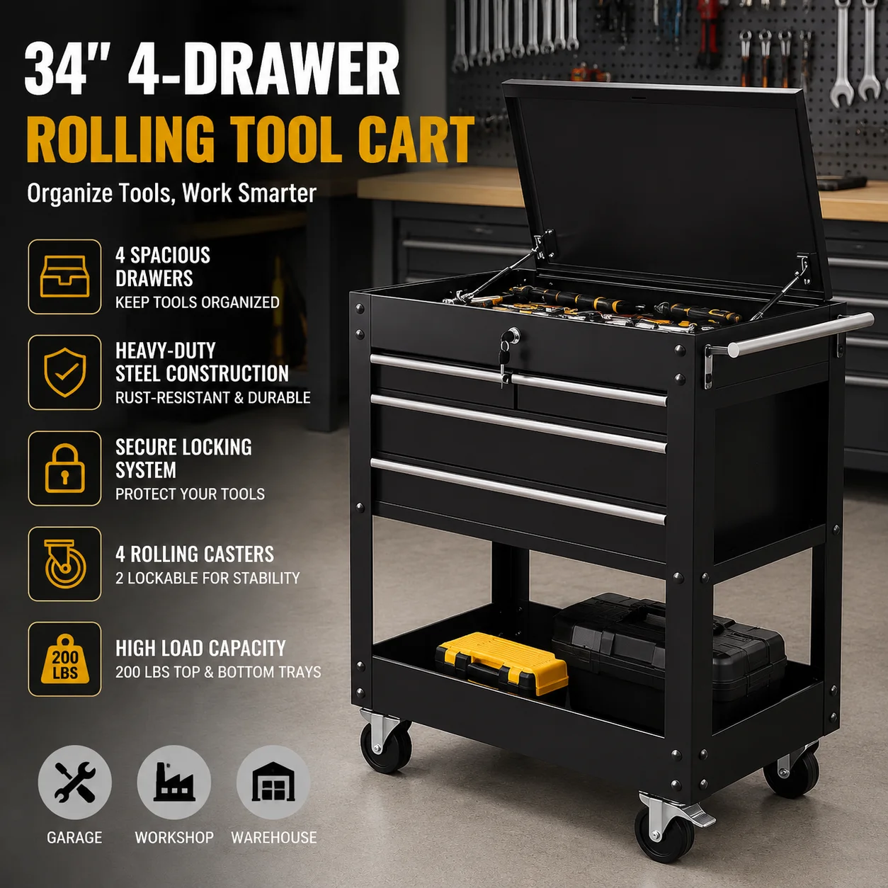 4-Drawer Rolling Tool Cart 34 Inch Heavy Duty Garage Cabinet with Top Tray and Bottom Shelf, Metal Workshop Storage Organizer with Lock and Casters, Black