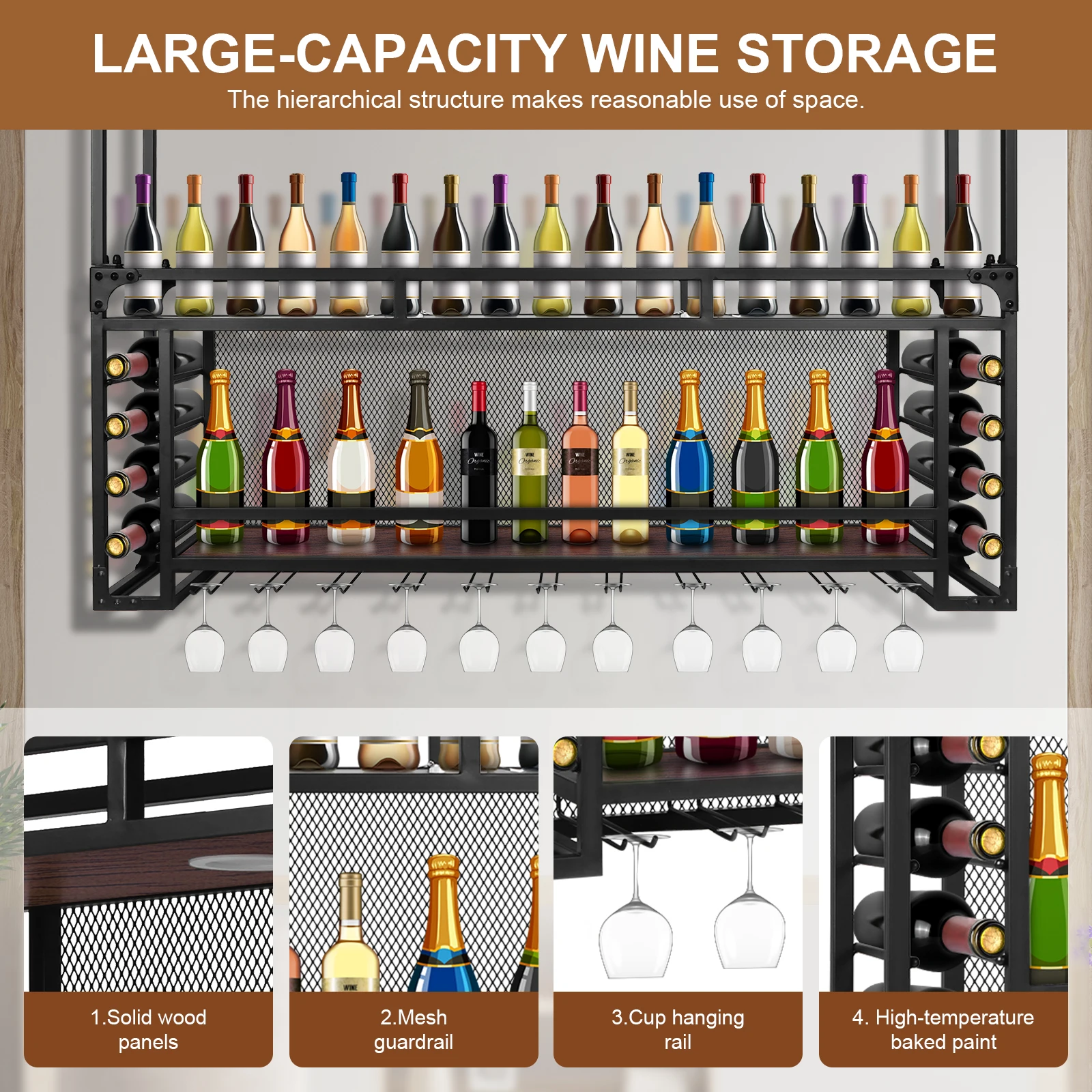 

Wall Mounted 2 -Tiers Wood-Metal Retro Wine Rack 59.06x21.65x11.81inch Iron Wine Bottle Display Rack for Kitchen Dining Room Bar