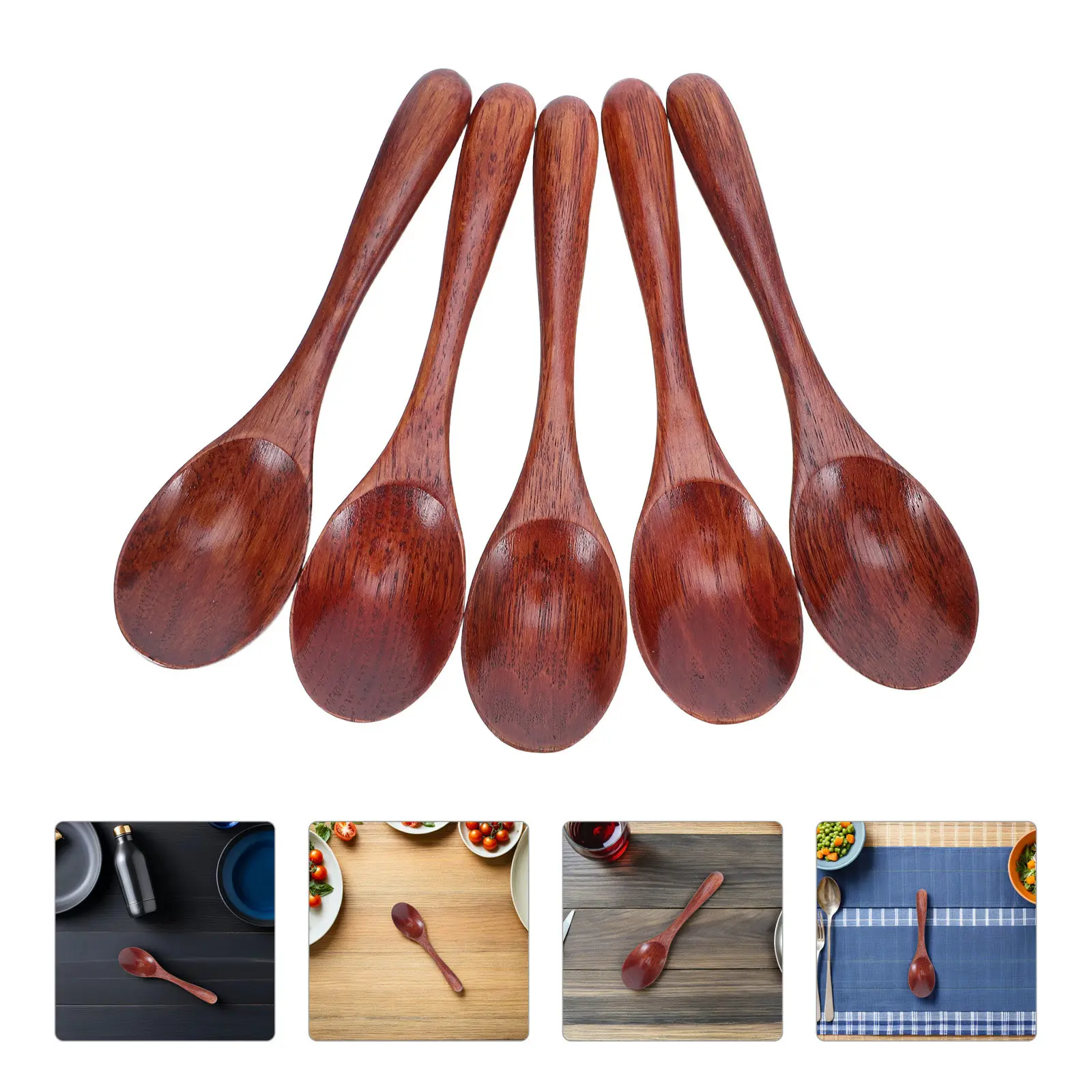 5Pcs Japanese Coffee Spoon Set Natural Wood Long Handle Lacquered Stirring Spoons for Honey Sugar Sauce Dessert Tea Cappuccino