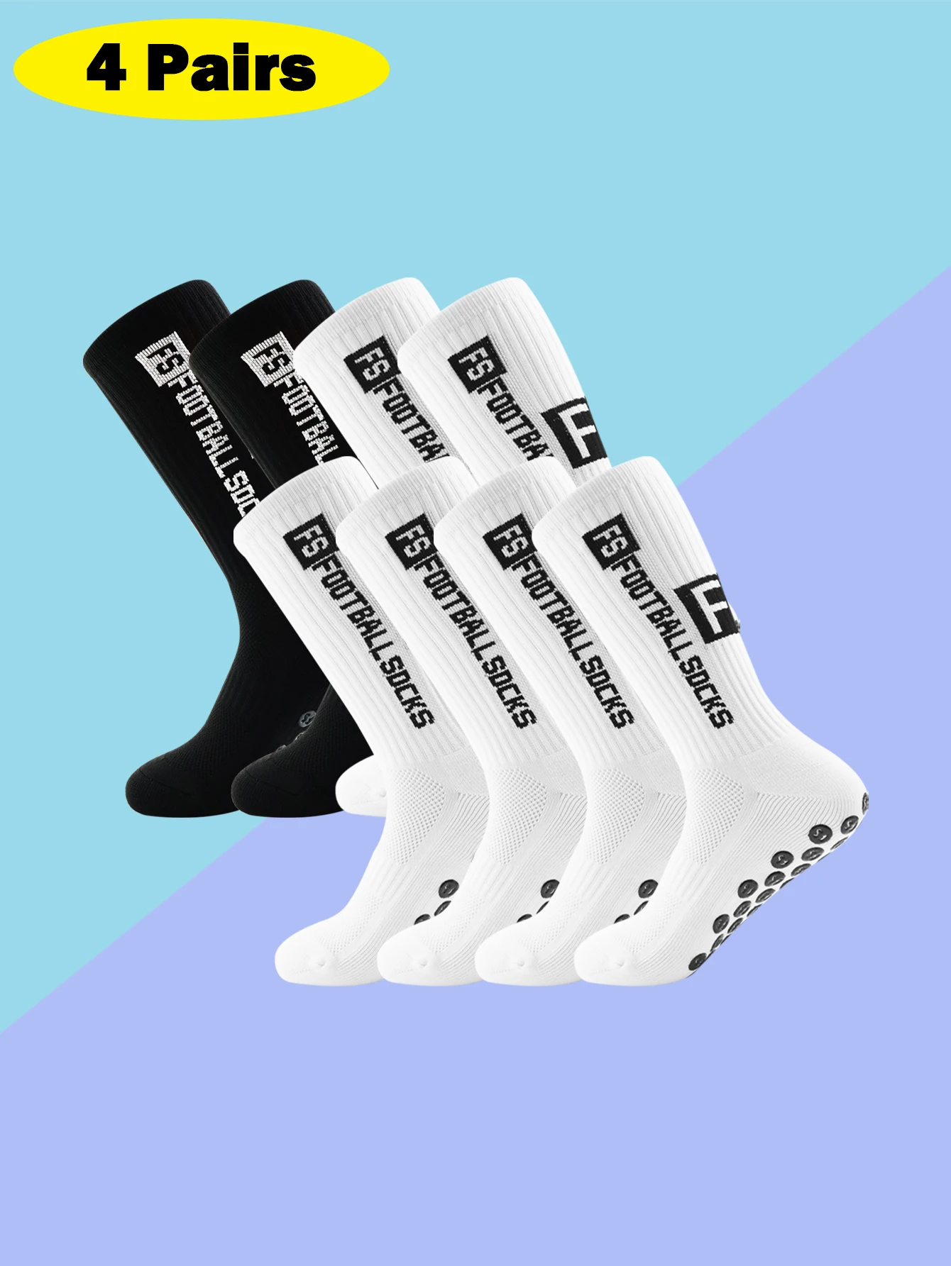 4 Pairs Men's Soccer Socks with Grip, Non Slip Anti Slip Athletic Socks with Cushion Pads for Football/Basketball/Hockey