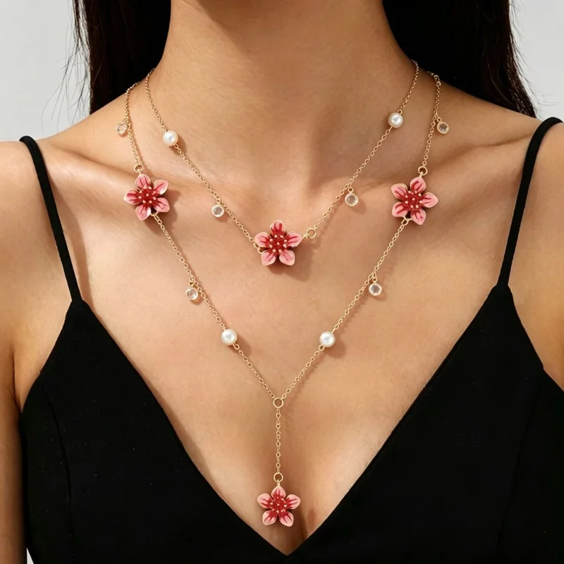 

Boho Layered Flower Pearl Necklace, Gold Tone Double Layer Y Lariat Necklace, Summer Beach Jewelry Gift for Women