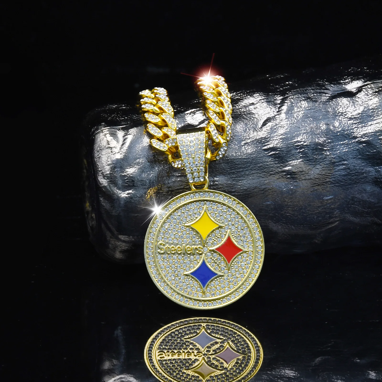 ULJ  Pittsburgh Steelers Football Hip Hop Pendant Necklace  With Cuban Chain Iced out Bling Jewelry