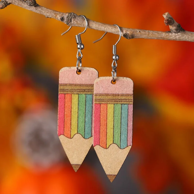 1pcs teaching and learning rainbow pencil wooden earrings, student teacher earrings cute earrings back to school season jewelry