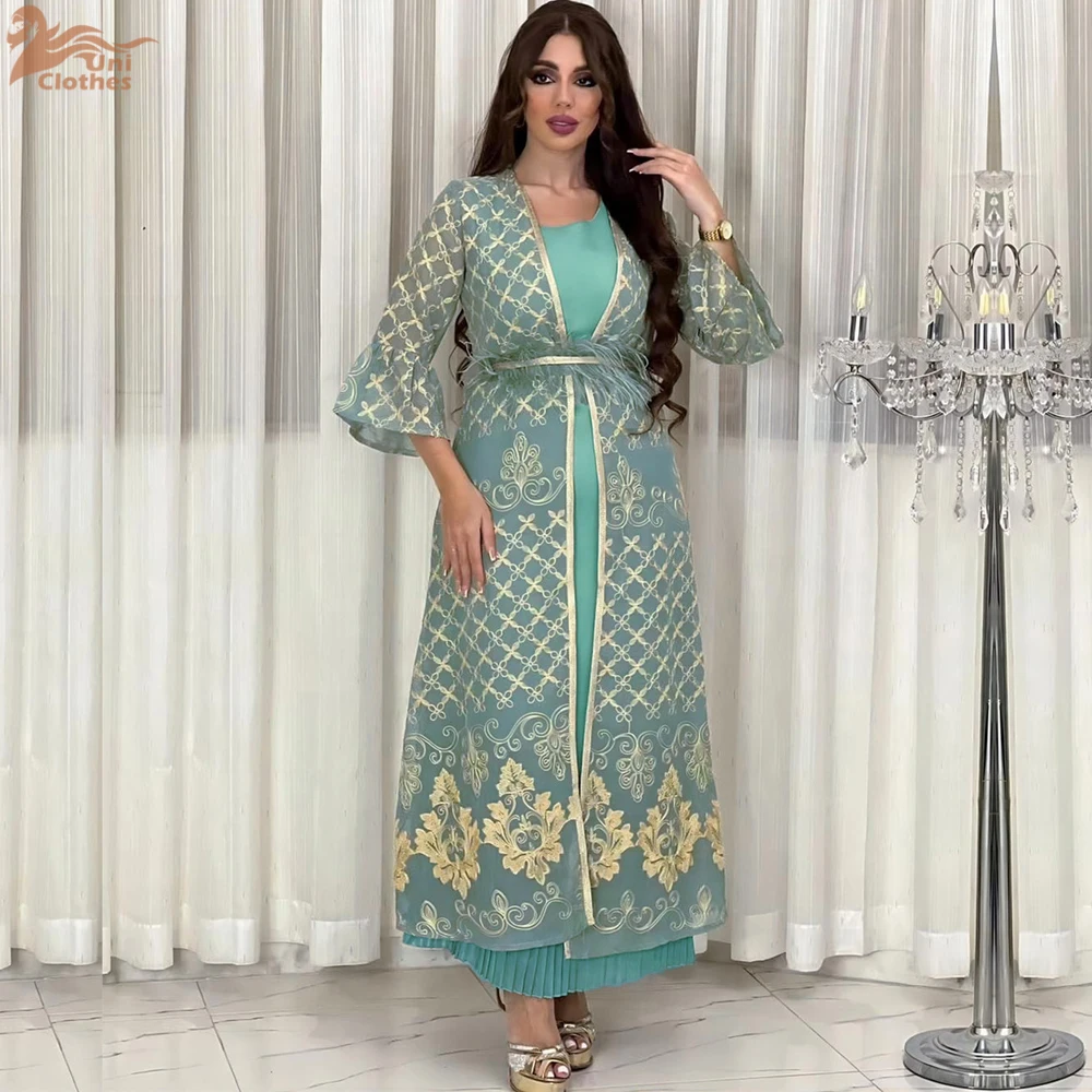 Eid Muslim Dress for Women Abaya 2 Piece Set Feather Jalabiya Morocco Party Dresses Abayas Kaftan Abaya Vestidos Arab Long Robe