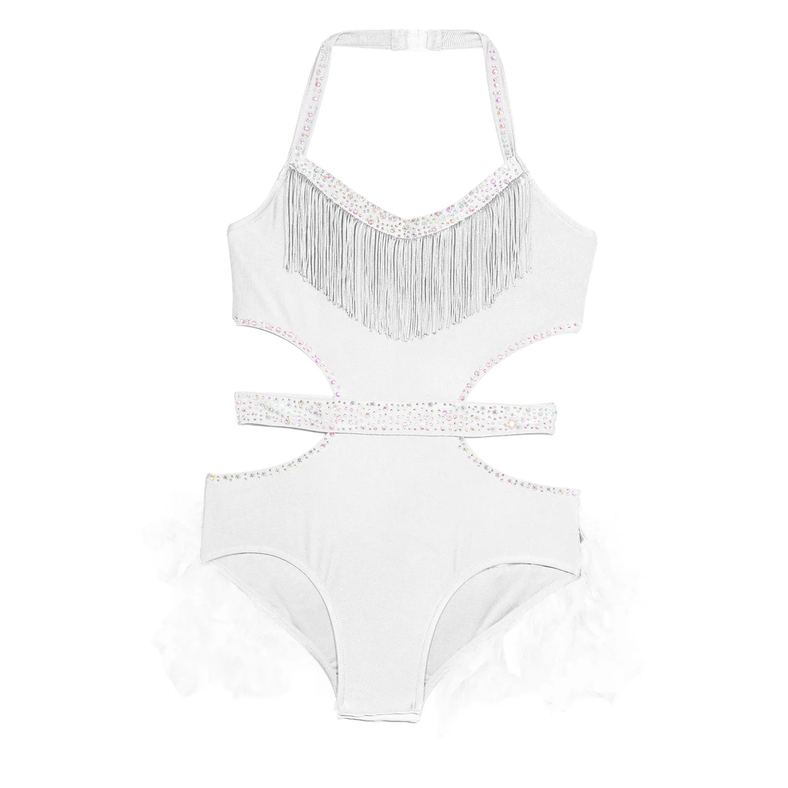 Abito da ballo latino con piume Ragazza per bambini senza maniche con ritaglio Pattinaggio Body da balletto Abiti per ballare Costume da spettacolo scintillante