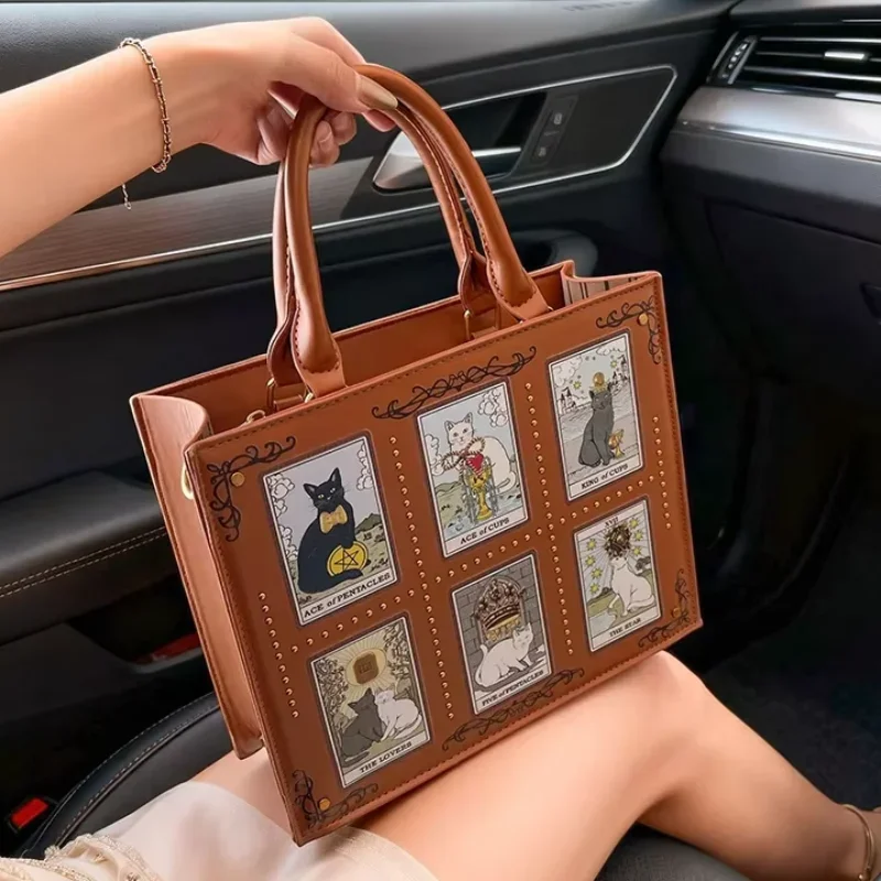 

New Retro-style Briefcase, Fashionable Square Cat-themed Handbag, Women's Large-capacity Versatile Commuting Crossbody Bag