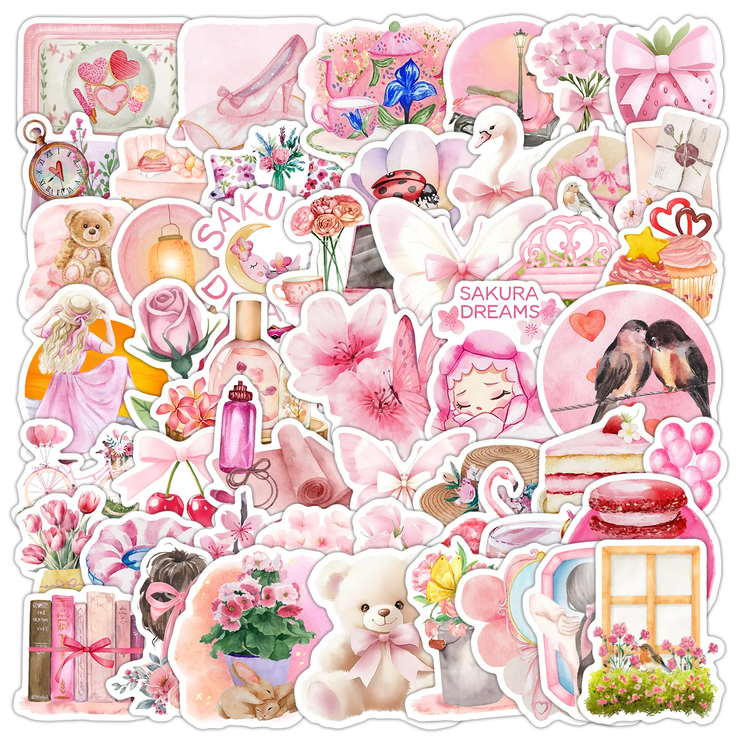 50 個水彩ピンク装飾ステッカー INS スタイル落書きおもちゃ女の子ギフト DIY デカールラップトップギター車バイク漫画ステッカー