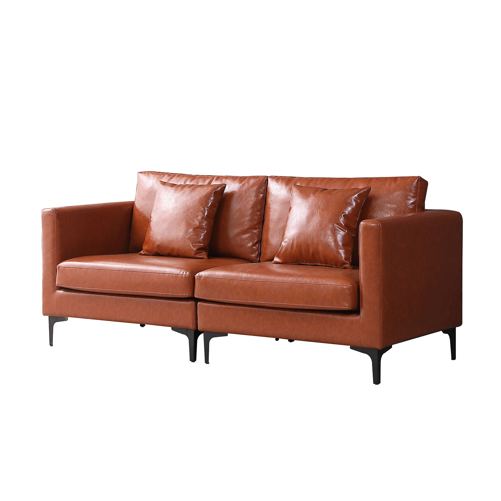 Leather Living Room Loveseat Sofa Couch, Comfy 3-Seat Love Seats Furniture with Square Arms, Removable Cushions and Pillows-Tan