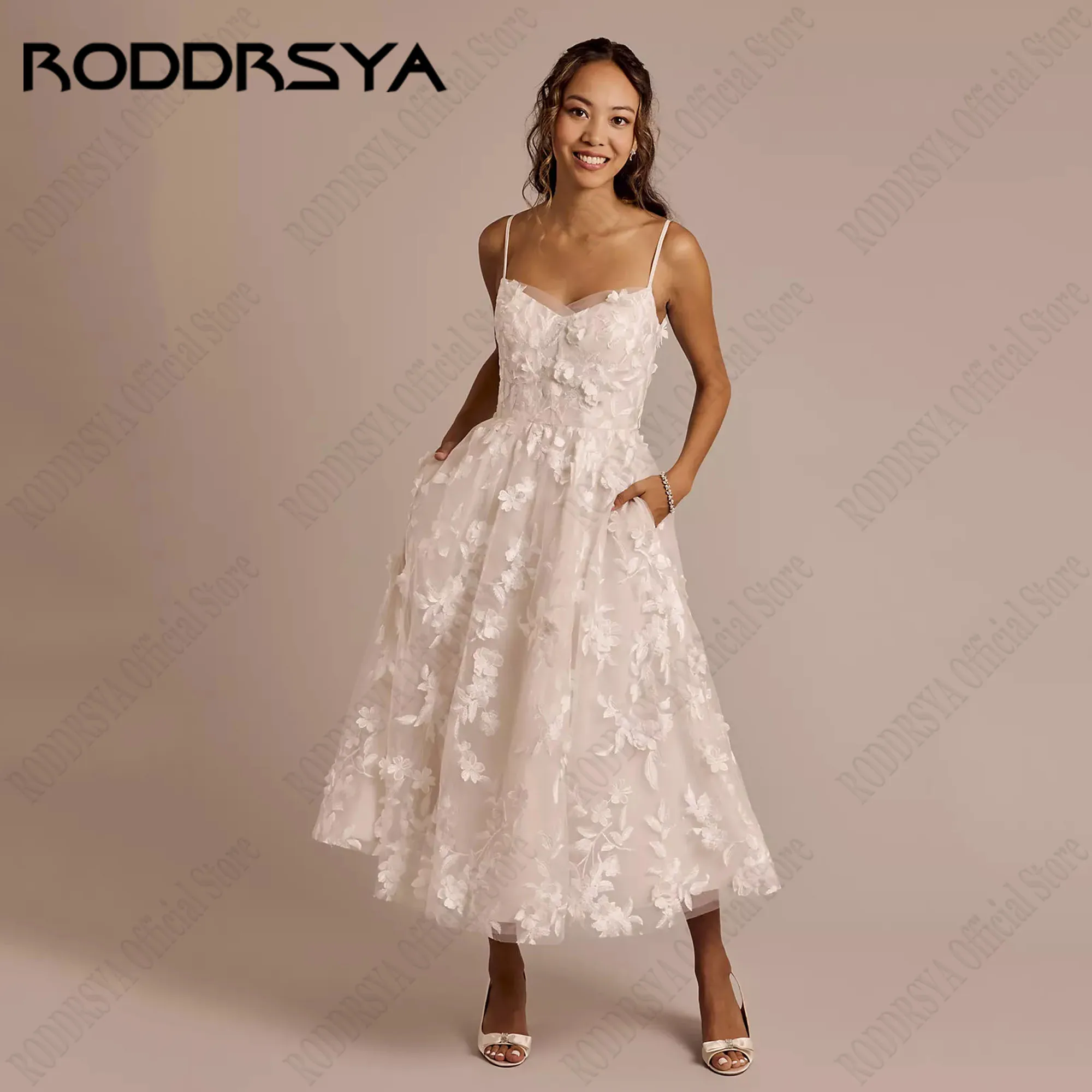 RODDRSYA V-Neck A-Line Wedding Dresses Spaghetti Straps Luxury Appliques Tulle Bride Party Gowns Sleeveless vestidos Customized