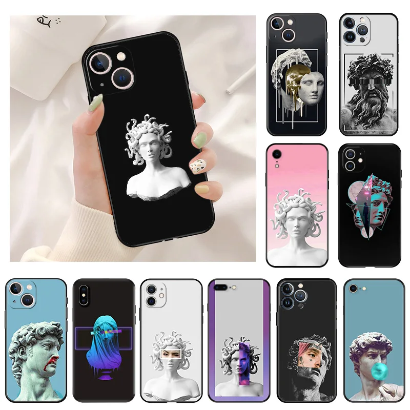 Michelangelo Medusa David Statue Art Silicone Black Phone Cases for iphone 15ProMax 14 13 12 11 15 Pro Max Mini 7 8 Plus X XR SE