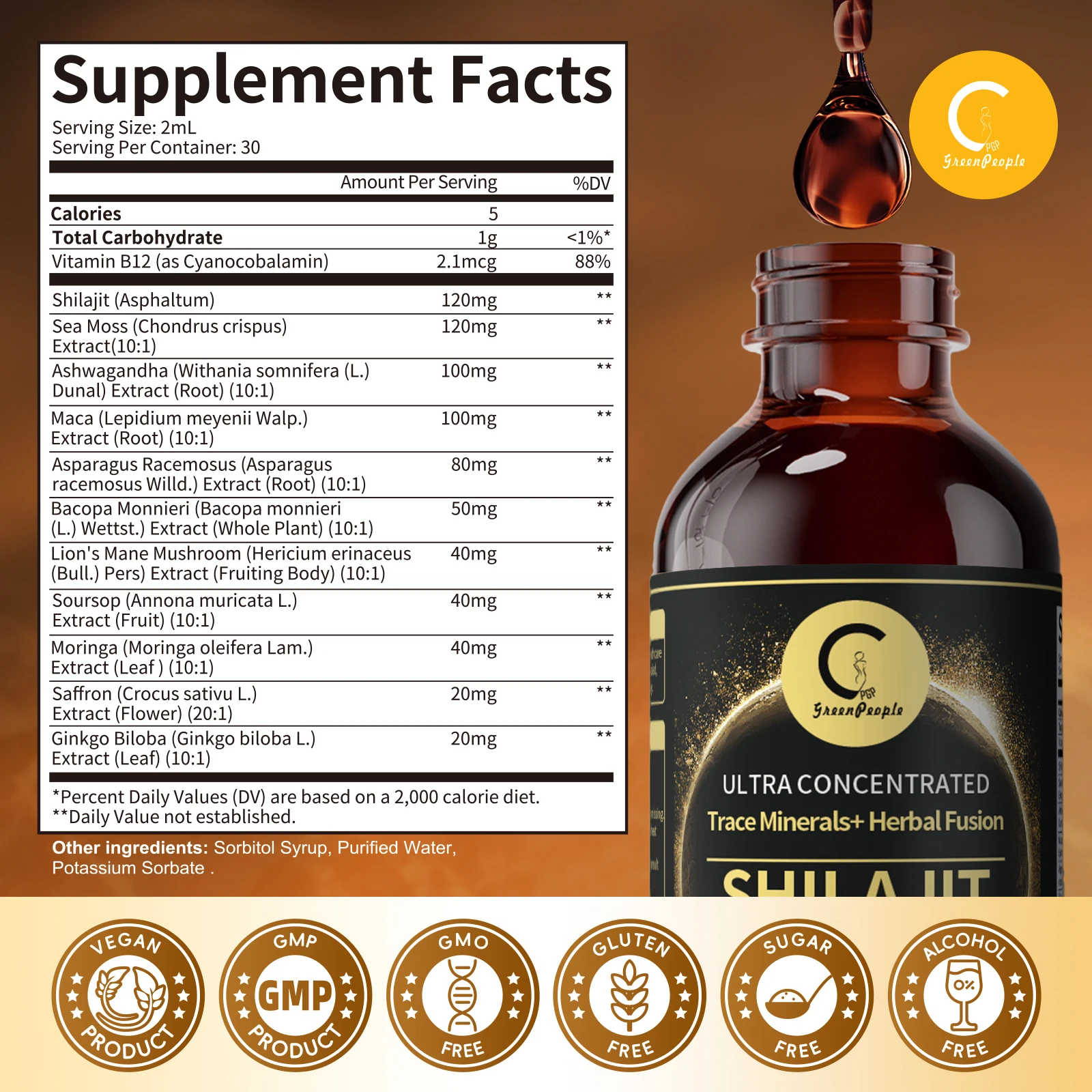 قطرات سائل شيلجيت مع طحلب البحر، أشواغاندا، ماكا، مورينغا فيتامينات سائلة للنساء والرجال - تتبع المعادن + العشبية